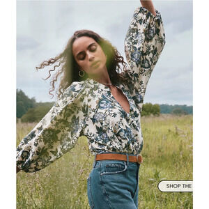 LOFT Floral Blouson Sleeve Split Neck Blouse Workwear Size XL